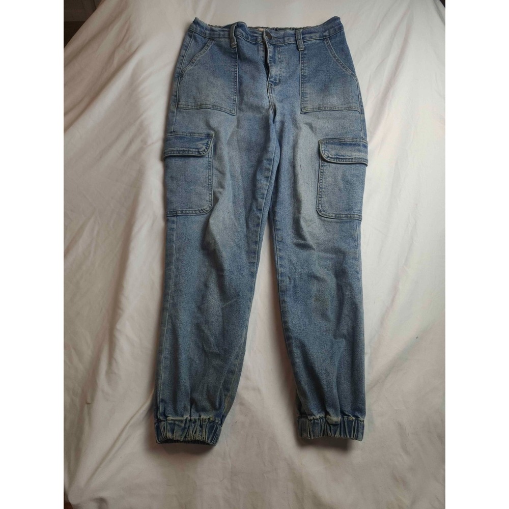 So Pants Womens Medium Blue Denim‎ Cargo Joggers High Rise Casual Pockets
